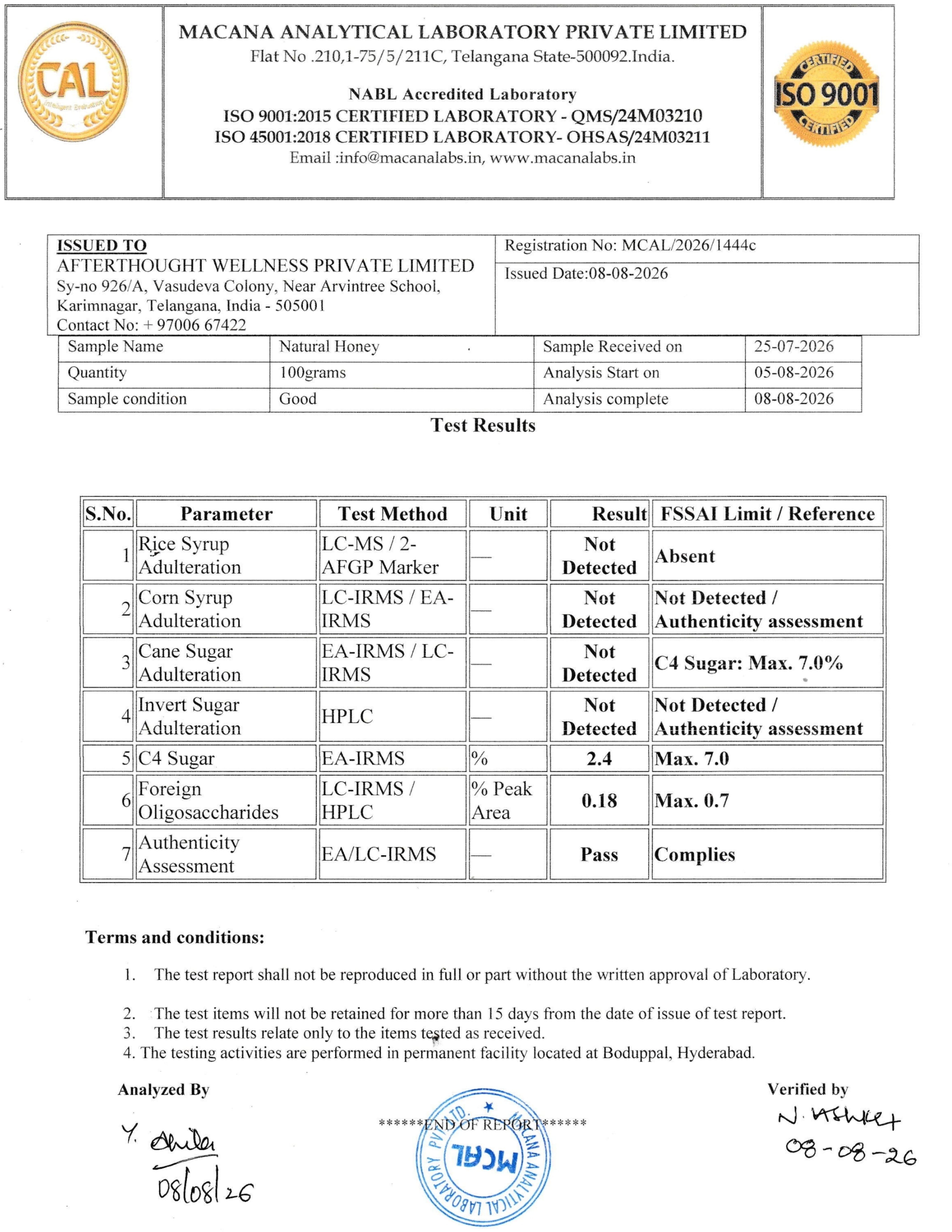 Raw Honey Latest Lab Test Report NABL